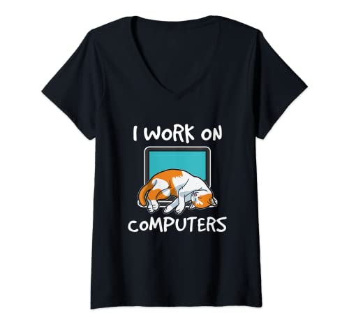Mujer Cat on Keyboard I Programador Admin Computer Whisperer Camiseta Cuello V