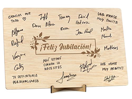 CONTRAXT Tarjeta regalo Feliz Jubilacion. grande en madera Libro de firmas dedicatorias, original fiesta hombre o mujer