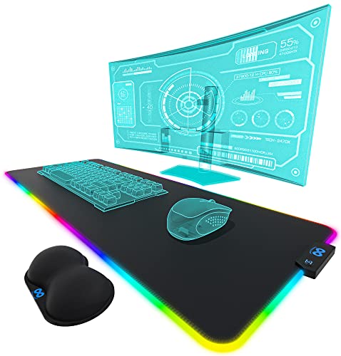 Everlasting Comfort Large Gaming Mouse Pad - 15 Color Modes with 2 Brightness Levels - RGB Mouse Pad for Gamers - Extra Long Desk Pad with Mousepad Wrist Rest - XL, Big, Extended LED Light Mat
