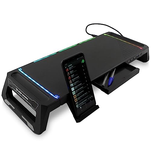 DeepGaming SN06 Soporte de Monitor para Escritorio Gaming con Cajón de Almacenamiento, Soporte para Móvil, 10 modos de Ilulimación RGB y Hub USB de 3 Puertos (1 x USB3.0 + 2 x USB2.0). Negro