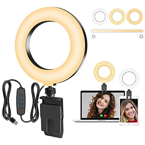 Aro de Luz LED Ring Light para Selfie Anillo de Luz para Computadora Portátil Video Webcam Regulable Light con Clip, con 3 Modos de Luz y 10 Niveles de Brillo para Trabajo Remoto, Transmisión en Vivo