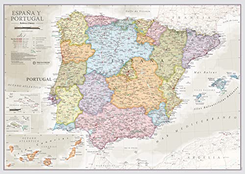 Maps International - Mapa España y Portugal, póster clásico con el mapa España, plastificado – 59,4 x 42 cm – Colores clásicos