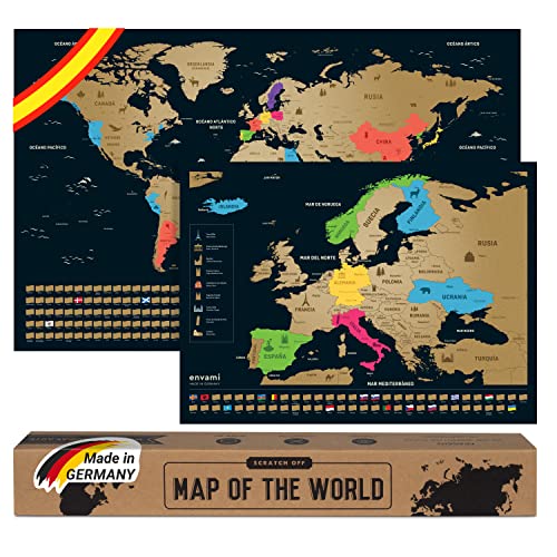 envami® Mapa Mundi Rascar I Español I Más el mapa de Europa I Mapas del Mundo para Marcar Viajes I 68 X 43 CM I Plata I Scratch Off Travel Map