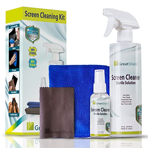 GreatShield LED LCD Screen Cleaning Kit con Microfiber Cloth, Double Sided Cleaning Brush y Non-Streak Solution para Tablets, Smartphones, GPS, Laptop Computer, Notebook, Camera y Monitor