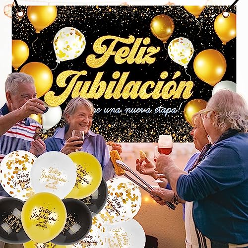 Pancarta Jubilación de Tela Español con Globos Decoración Fiesta Jubilación Oro Negro Photocall Adornos Jubilación Regalo Jubilación